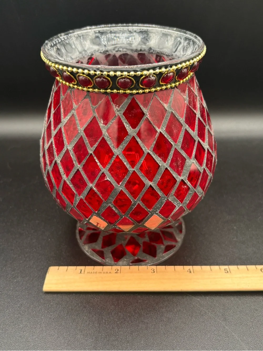 RED MOSAIC HURRICANE GLASS VASE/CANDLE HOLDER  6” Tall